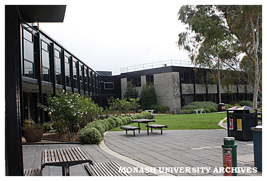 Rose garden in front of Building 1N (left) and Building 1E, Gippsland campus