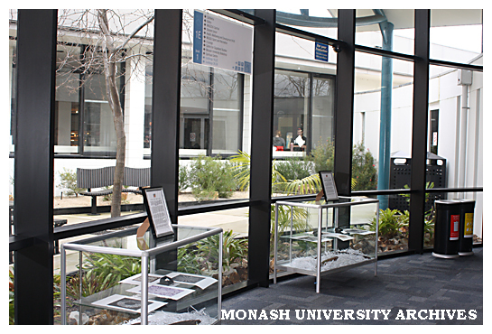 Inside Library foyer (Building 1E), looking into courtyard, Gippsland campus