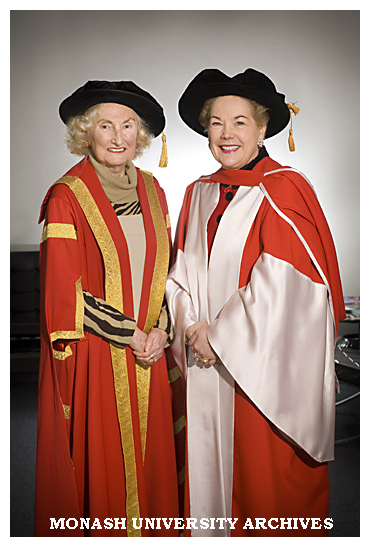 Deputy Chancellor Dr June Hearn (left) and Ms Susan Alberti AM after award of honorary Doctor of Laws degree.