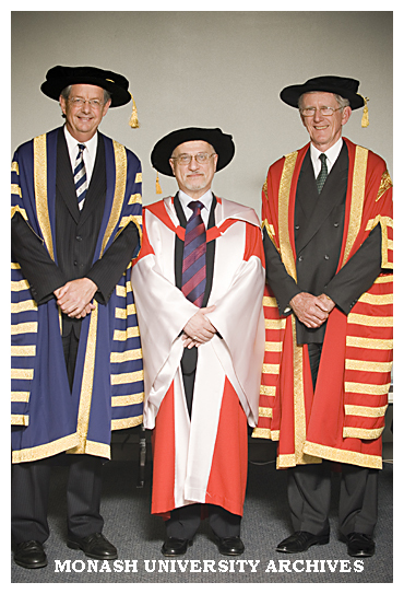 Vice-Chancellor Professor Richard Larkins (left), Dr Hussain Al-Shahristani and Chancellor Mr Jerry Ellis after award of honorary Doctor of Laws