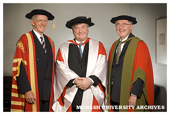 Chancellor Mr Jerry Ellis (left) with Dr Michael Wooldridge and Professor Ed Byrne, Dean of Medicine, after award of honorary Doctor of Laws
