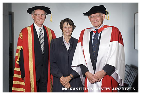 Chancellor Mr Jerry Ellis (left) with Dr Geoffrey Vaughan and Mrs Vaughan after award of honorary Doctor of Laws