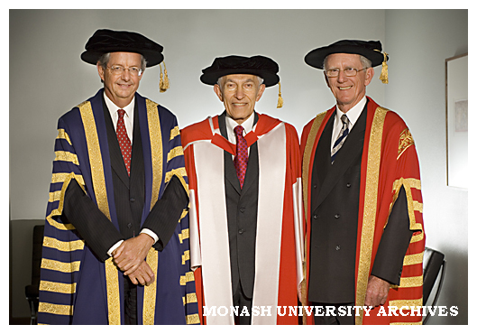 Governor of Victoria Professor David de Kretser (centre) after award of honorary Doctor of Laws with Professor Richard Larkins (left) and Chancellor Mr Jerry Ellis