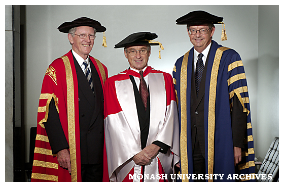 Emeritus Professor Peter Darvall (centre)after receiving honorary Doctor of Laws with Chancellor Mr Jerry Ellis and Vice-Chancellor Professor Richard Larkins