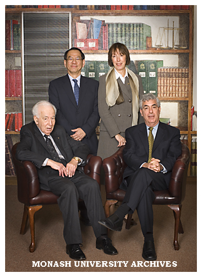Sir Zelman Cowen (left), Faculty of Law Deputy Dean Professor H. P. Lee, Chief Justice of the Victorian Supreme Court Her Honour Marilyn Warren and Justice Ronald Sackville, who delivered the 13th Lucinda Lecture