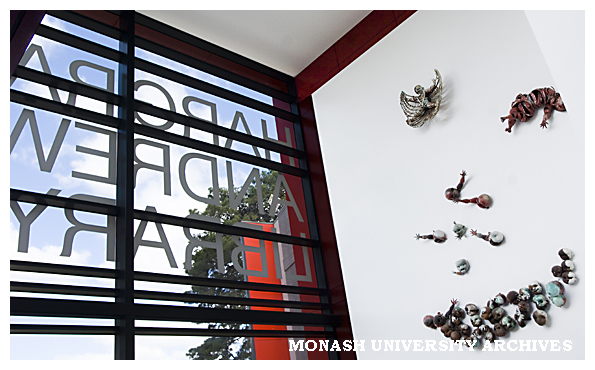 Sculpture 'Homage to Lawrence Hargrave' by John Perceval on wall of Hargrave-Andrew library