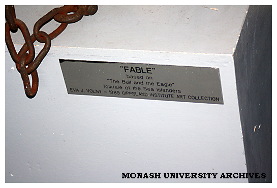Plaque of "Fable" sculpture by Eva J Volny, Gippsland campus