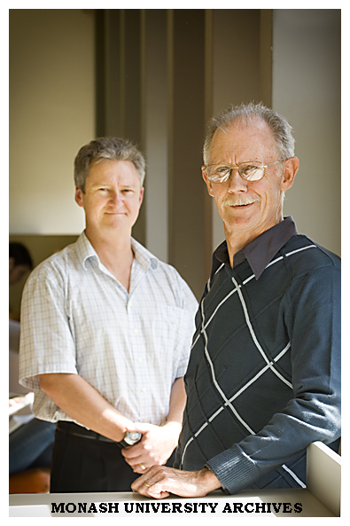 Gary Swinton (right), cartographer in the School of Geography and Environmental Science for 40 years. Pictured with Professor Chris Cocklin, Head of School