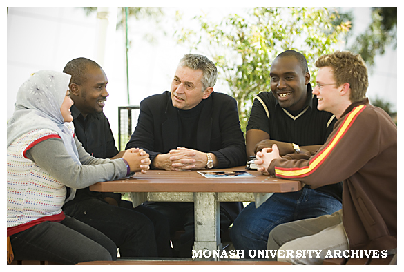 Professor Rob Willis (centre) meets with Nonzahriyah Adun (left), Mohammed Aliyu, Edwin Mwiti and Keegan Street at the Berwick campus.