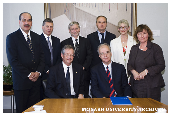 Signing of Memorandum of Understanding with the University of Belgrade, Serbia, with Vice-Chancellor Richard Larkins and Rector Professor Dr Dejan Popovic seated at table.
