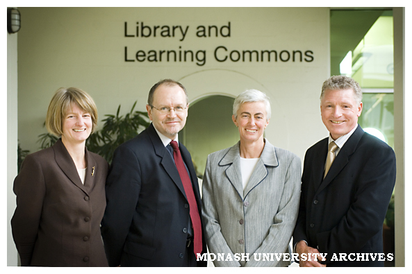Library and Learning Commons launched at Berwick campus. Ms Janette Burke (left), Senior Deputy Vice-Chancellor Professor Stephen Parker, Ms Margo Hellyer, and Professor Phillip Steele, PVC and Academic Director of Berwick campus.