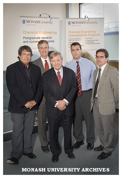 A bio-engineering laboratory launch, Professor Alan Trounson (Left), Professor John Sheridan, Mr Matt Viney the Victorian Parliamentary Secretary for Innovation and Industry, Dr Gareth Forde, and Professor Martin Rhodes