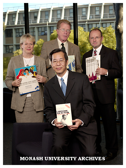 Royal Cambodian archive donated to Monash University. Ms Cathrine Harboe-Ree, His Excellency Mr Meas Kim Heng, Emeritus Professor David Chandler and Senior DVC Professor Stephen Parker.