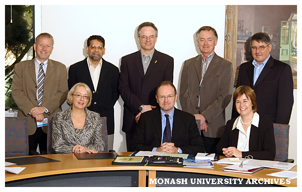 Canadian university leaders visiting Monash to discuss internationalisation policies and practices. Monash staff seated are DVC (Resources) Ms Alison Crook, Senior DVC Professor Stephen Parker and DVC (Research) Professor Edwina Cornish.