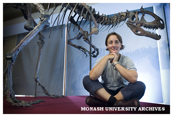 'Wildlife of Gondwana' exhibition manager Dr Corrie Williams with Cryolophosaurus, a meat eating dinosaur from the Jurassic period.