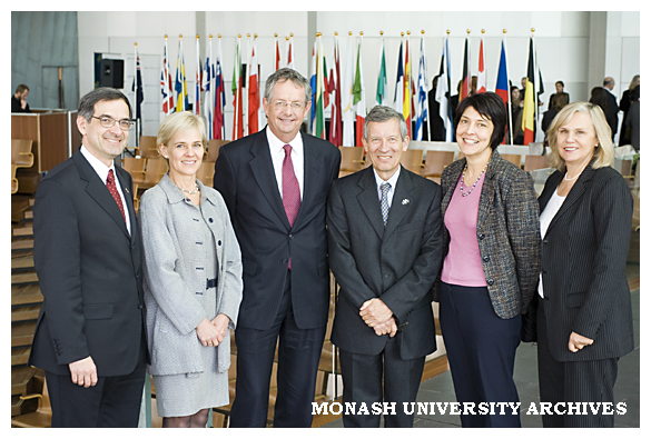 The launch of the Monash European and EU Centre, Associate Professor Marko Pavlyshyn (left), Professor Stephanie Fahey; Vice-Chancellor Richard Larkins; His Excellency Mr Bruno Julien, Dr Natalie Doyle, Professor Merran Evans