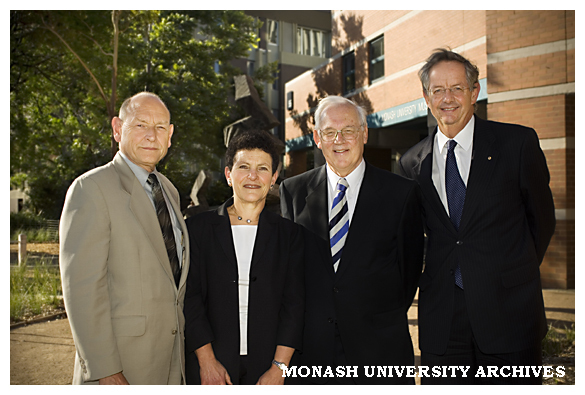 Retirement of Professor Graeme Davison, Sir John Monash Distinguished Professor of History, (second right), with Professor Homer Le Grand, Professor Barbara Caine and Vice-Chancellor Richard Larkins.