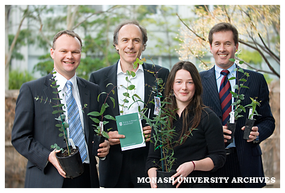 Launch of Energy at Monash guide. Paul Barton (left), Manager, OHSE, Dr Alan Finkel (Chancellor), Kat Lavers (Green Office coordinator), and Rob Coombs (CEO Interface Asia Pacific)