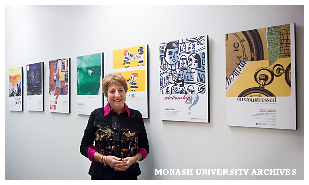 Suzanne Wolf with student art promoting Health, Wellbeing and Development messages at Mamadukes Caf&iuml;&iquest;&frac12;, Caulfield campus