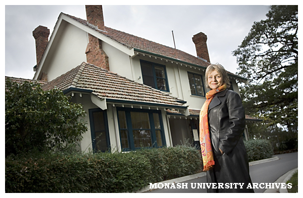 Helen O'Shea, granddaughter of original owner, outside Building 65 (the former Vice-Chancellor's residence)