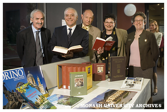 Dr Francesco De Conno, the Hon. Nicola Bono, Professor Homer Le Grand, Dr Mirna Cicioni, and Ms Christine Cooze, at the donation of books from the Italian Ministry of Cultural Heritage