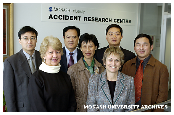 Chinese delegation visiting the Accident Research Centre (MUARC). Chen La (left), Professor Joan Ozanne-Smith, Dr Wang Jianyu, Dr Liu Liqun, Ms Virginia Routley, Dr Yu Min, and Mr Zhang Heping