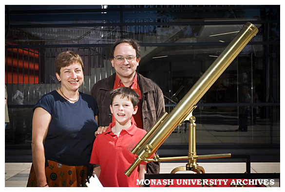Christopher Durre, great-great-grandson of Sir John Monash with his father Mark and aunt Caroline and Sir John Monash's telescope.