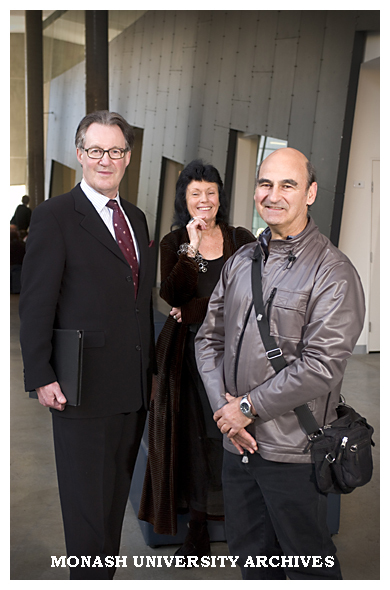 Professor John Redmond (left) with Dr Gene Sherman and Stelarc (Stelios Arcadiou)