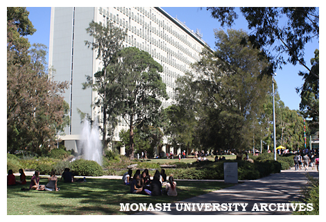 Students in Forum with Menzies building in background