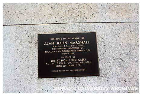 Memorial plaque for Alan John (Jock) Marshall, on wall of Science lecture theatres, Clayton campus