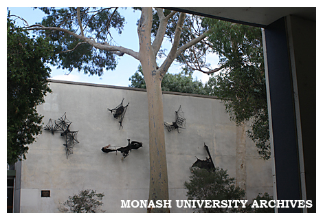 Clifton Pugh's 'Flying foxes' on wall of Science lecture theatres, Clayton campus
