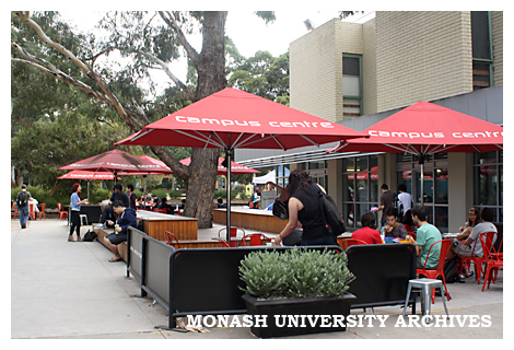 Outdoor seating at the Campus Centre, Clayton campus