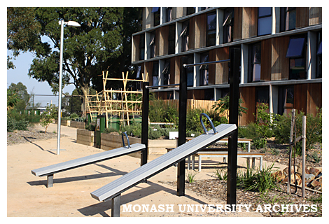 Exercise equipment in the courtyard between Jackomos and Briggs Halls, Clayton campus