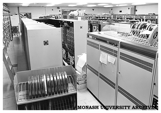 Computer Centre with Burroughs cabinets, VAX 11/780 (right)and magnetic tape library (far left)