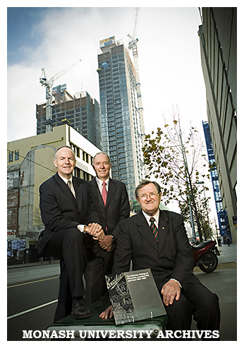 Mr John Jackson (left), Professor Colin Chapman and Mr Alistair Lloyd at unveiling of plaque in Swanston Street to celebrate 125 years of the Victorian College of Pharmacy.