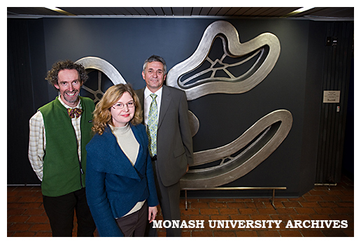 Assoc. Professor Robert Nelson (left)and Professor Rob Willis with artist Sherrie Knipe in front of wall sculpture 'In Sink'