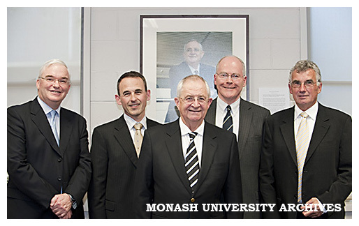 Peter Marshall (left), John Levine, Peter Wade, Renn Wortley and John Trembath at opening of the Peter Wade Meeting Room in building 3B, Clayton Campus