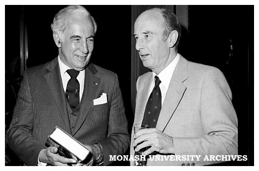 Governor-General Sir Zelmen Cowen (left) at the book launch of 'John Monash: A Biography' by Dr Geoffrey Serle (right).