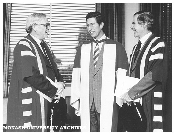 Prince Charles after award of honorary Doctor of Laws with Chancellor Sir Richard Eggleston (left) and Vice-Chancellor Professor Ray Martin