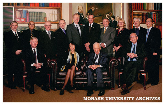 Chief Justice of the Victorian Supreme Court Her Honour Marilyn Warren and Sir Zelman Cowen (seated) with group including Professor Arie Freiberg, Professor Louis Waller, Professor Stephen Parker and Vice-Chancellor Richard Larkins