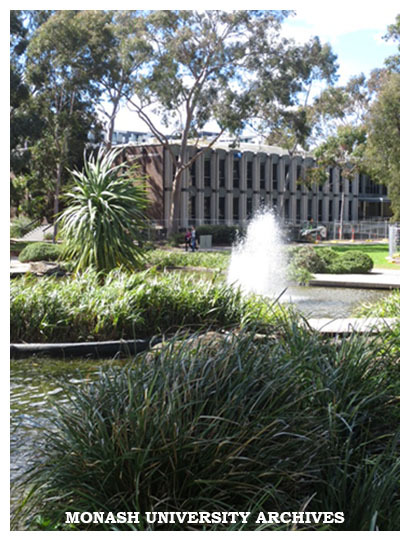 Looking across pond to Chancellery Building 3A, Clayton campus