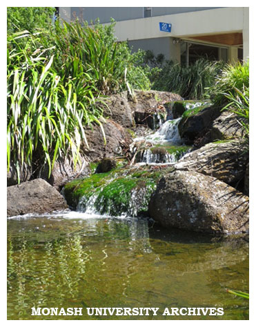 Pond in Forum with Menzies Building in background, Clayton campus