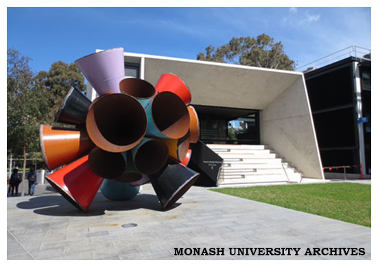 Sculpture 'Built Unbuilt Unbuildable', by James Angus, with Central Science Block in background, Clayton campus