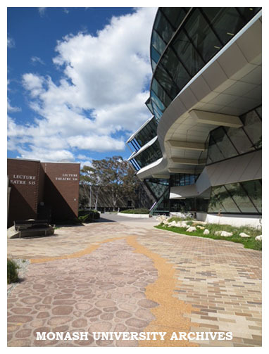 Entrance to Earth Sciences Garden with Science Lecture Theatres S14 &amp; S15 (left) &amp; Green Chemical Futures Building (right), Clayton campus