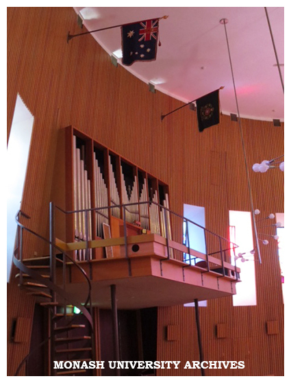 Ronald Sharp pipe organ with Monash University Regiment colours above, Religious Centre, Clayton campus