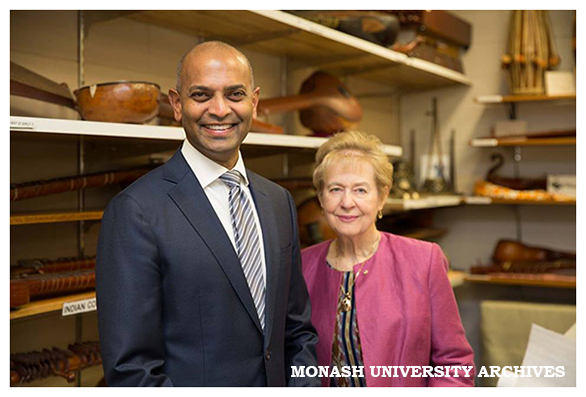 Dr Eugene Sebastian, Director of the Australia-Indonesia Centre and Professor Margaret Kartomi, Director of the Music Archive of Monash University (MAMU) with the Sourindro Mohan Tagore Collection of musical instruments