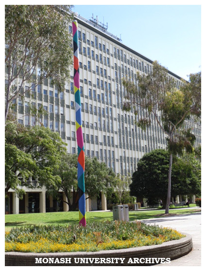 Menzies Building with 'Pole' sculpture by Matthys Gerber in foreground, Clayton campus
