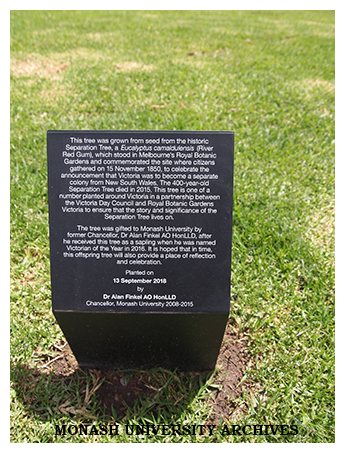 Plaque for Separation Tree, Clayton campus, gift of former Chancellor, Dr Alan Finkel