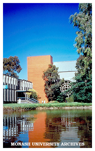 Robert Blackwood Hall with Administration Building at left, Clayton campus