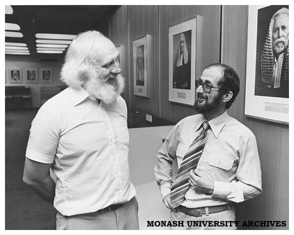 Senior lecturer Peter Balmford (left) with Acting Professor Richard Fox in the Law library portrait gallery